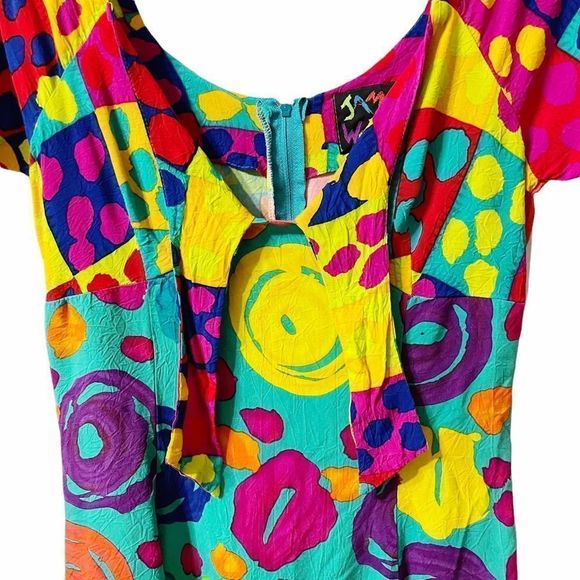 Sz 7 Vintage Colorful Rainbow Tie Front Dress Hawaiian Jams World Crushed Rayon - Picture 4 of 8